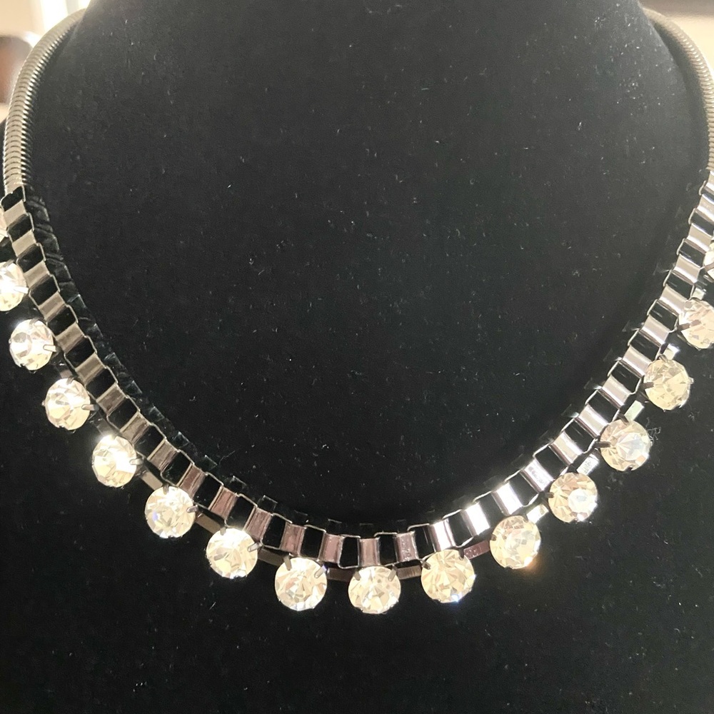 Rhinestone Dark Metal Statement Necklace 17” NEW